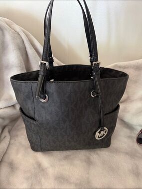 Michael Kors Black MK Logo Tote with Silver Hardware